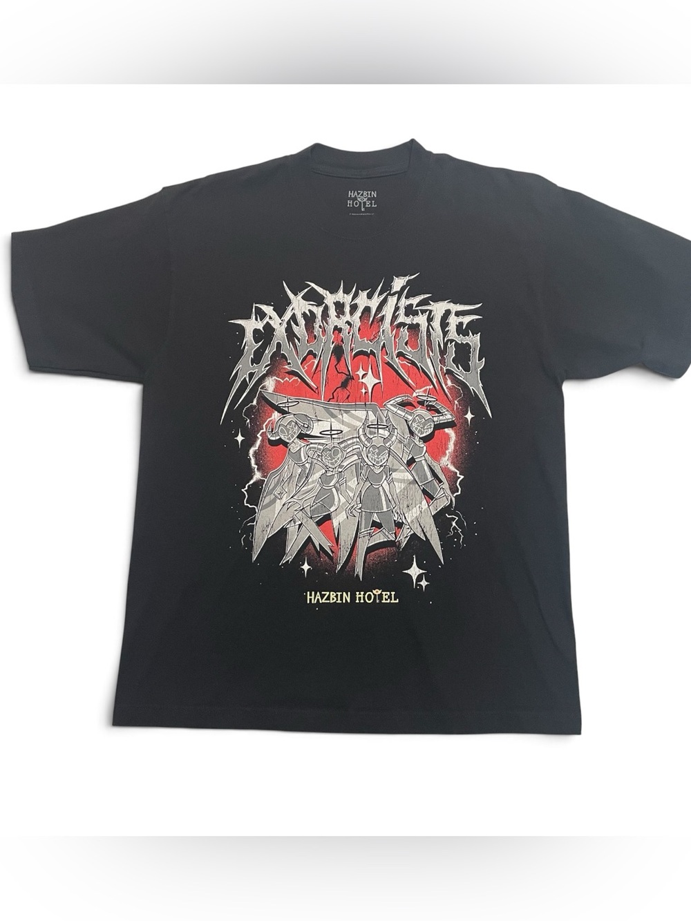 Hot Topic Black Tee with Red and Gray Hazbin Hotel Graphic Size L